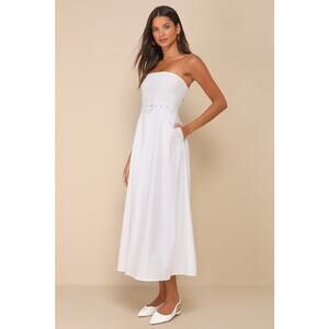 Lulus NWT Trendsetting Choice White Strapless Poplin Belted A-Line Midi Dress XL